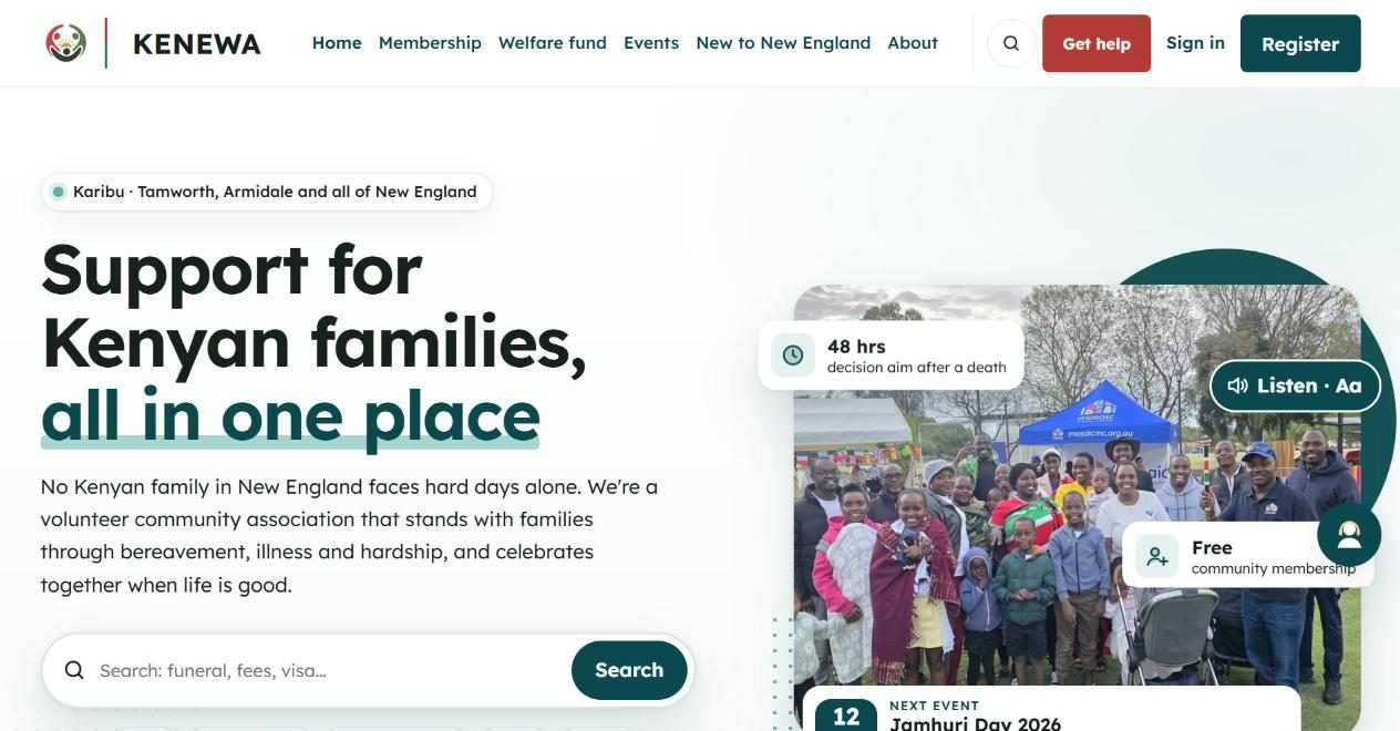 The KENEWA website home page, headed 'Support for Kenyan families, all in one place', with a search bar and a photo of members at a community event